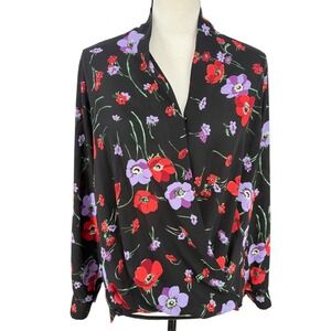 Pleione Women's Sheer Wrap V-Neck Blouse Floral Long Sleeve Top Size Small